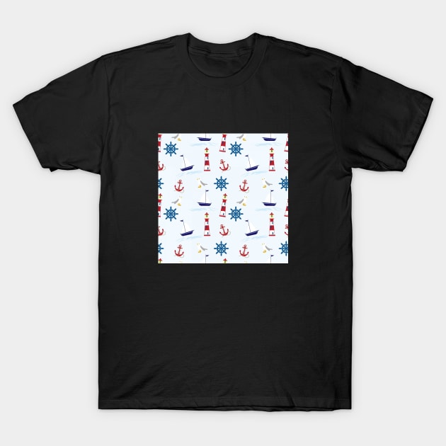 Nautical design with seagulls, anchors and lighthouses T-Shirt by Montanescu